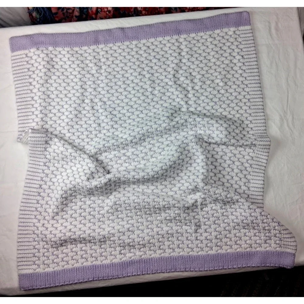Pottery Barn Kids Honeycomb Purple White Knit‎ Baby Blanket Thick Soft 34x36